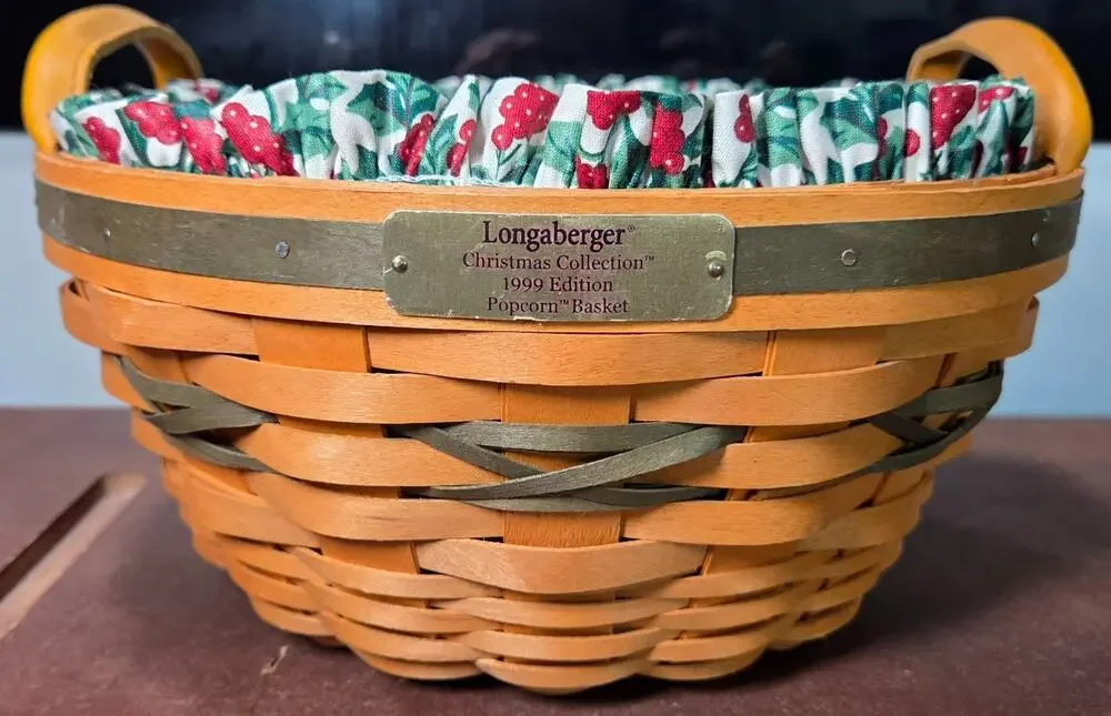Vtg 1999 Longaberger Christmas Collection Popcorn Basket Combo w Holly Liner etc